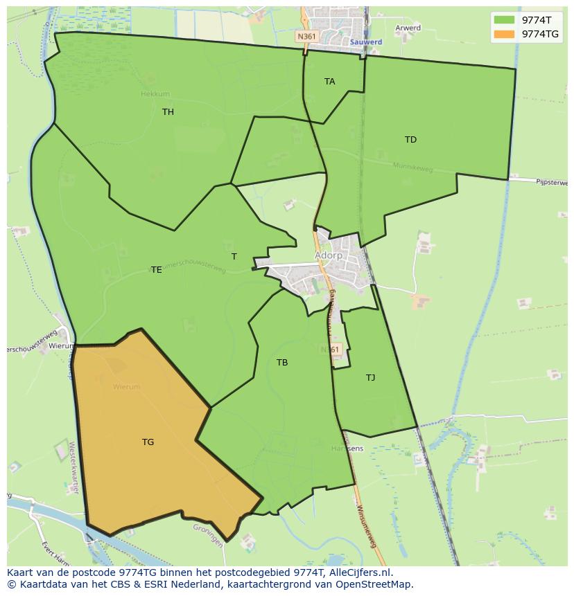 Afbeelding van het postcodegebied 9774 TG op de kaart.