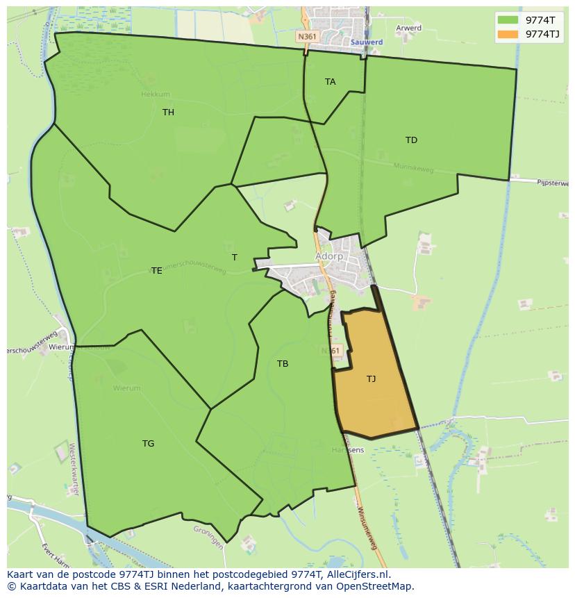 Afbeelding van het postcodegebied 9774 TJ op de kaart.
