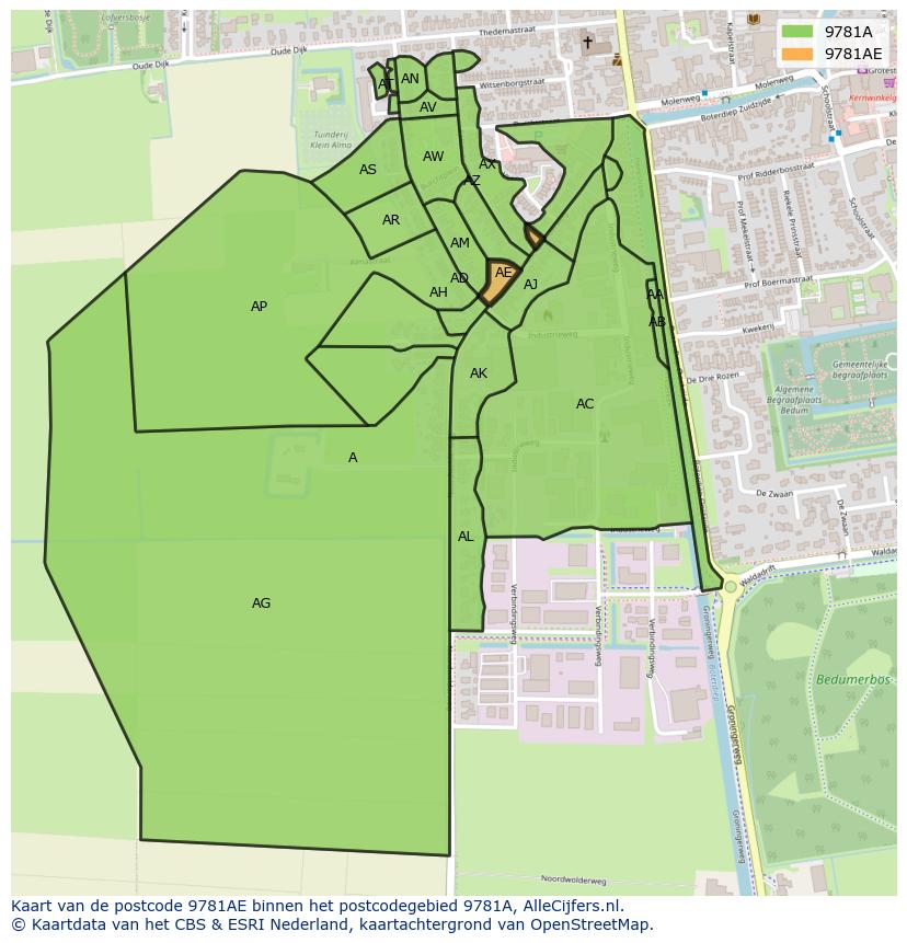 Afbeelding van het postcodegebied 9781 AE op de kaart.