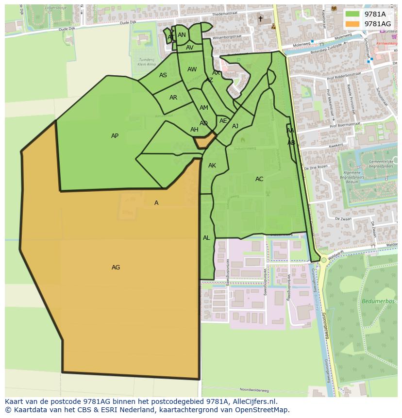 Afbeelding van het postcodegebied 9781 AG op de kaart.