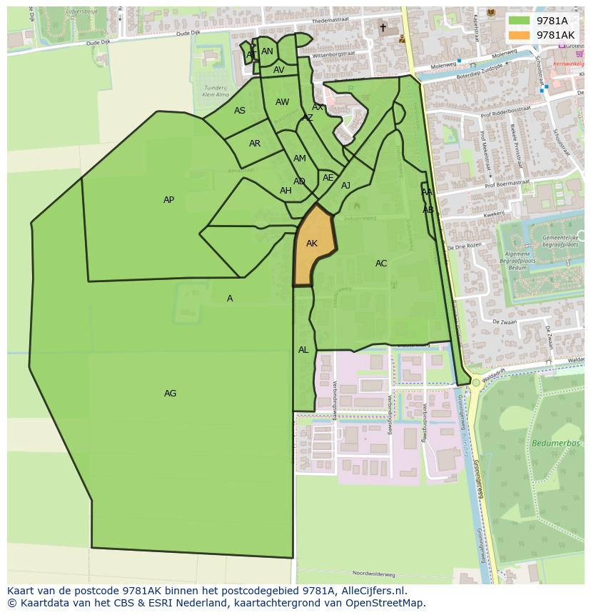Afbeelding van het postcodegebied 9781 AK op de kaart.