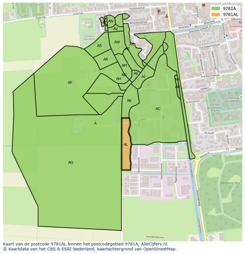 Afbeelding van het postcodegebied 9781 AL op de kaart.