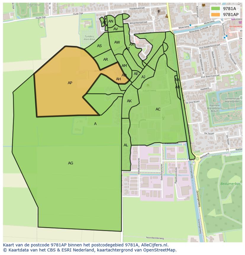 Afbeelding van het postcodegebied 9781 AP op de kaart.