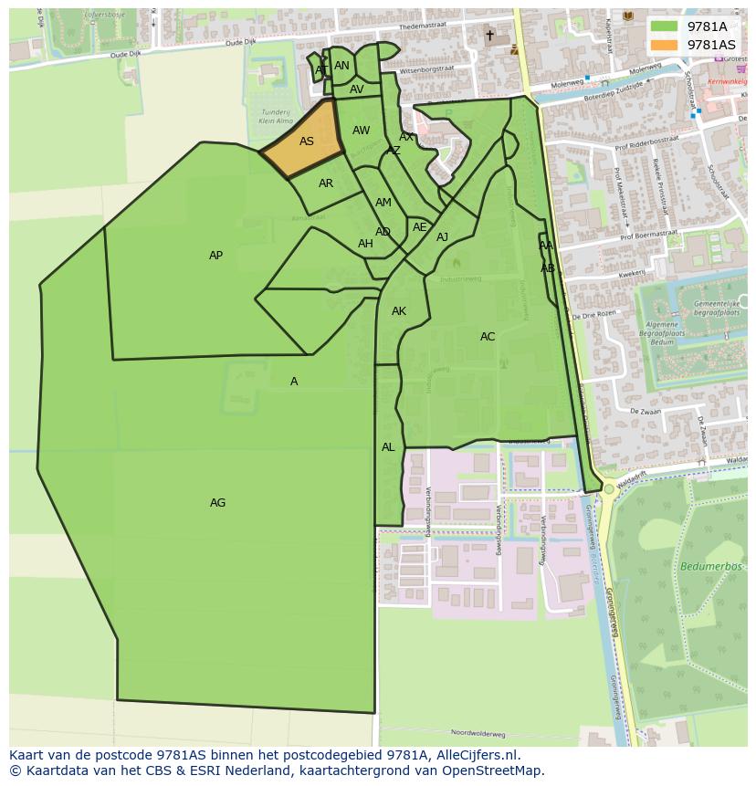 Afbeelding van het postcodegebied 9781 AS op de kaart.