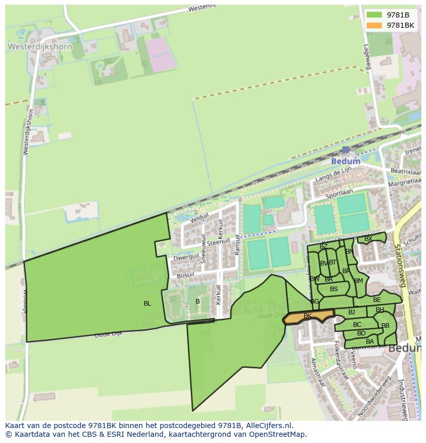 Afbeelding van het postcodegebied 9781 BK op de kaart.