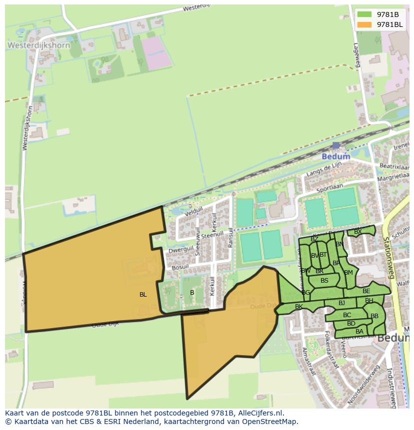 Afbeelding van het postcodegebied 9781 BL op de kaart.