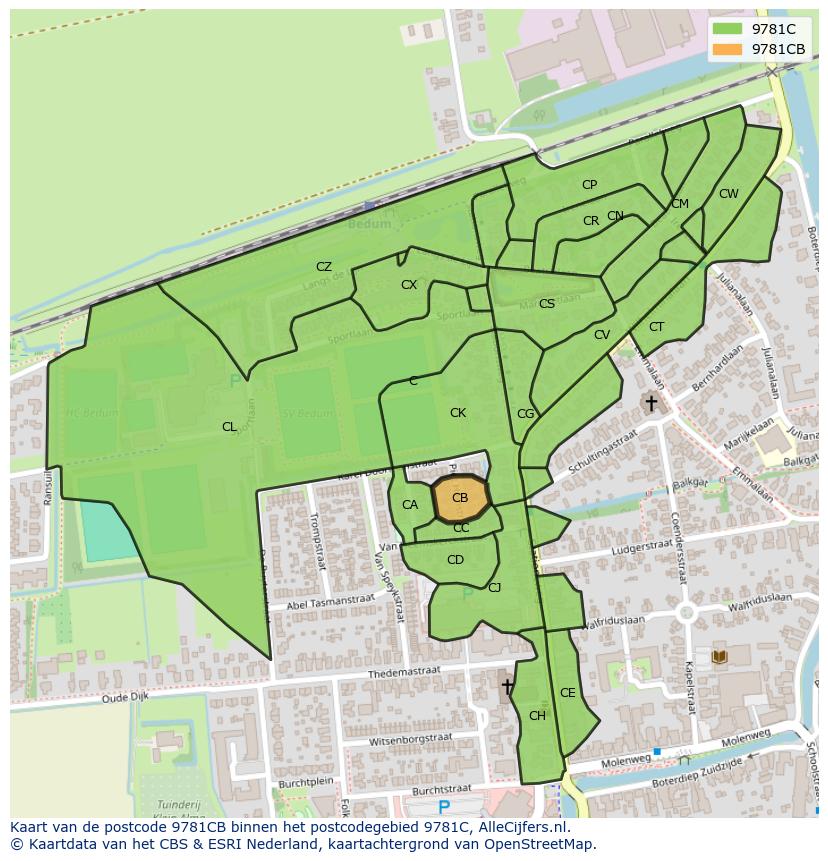 Afbeelding van het postcodegebied 9781 CB op de kaart.