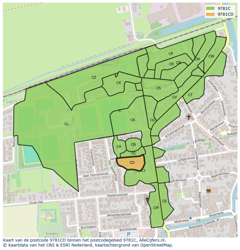 Afbeelding van het postcodegebied 9781 CD op de kaart.