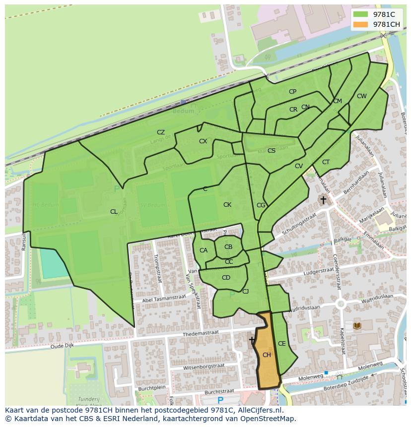 Afbeelding van het postcodegebied 9781 CH op de kaart.
