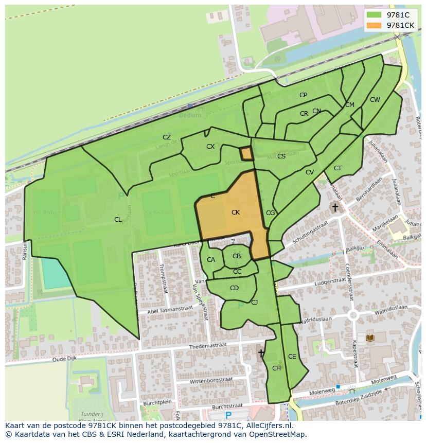 Afbeelding van het postcodegebied 9781 CK op de kaart.