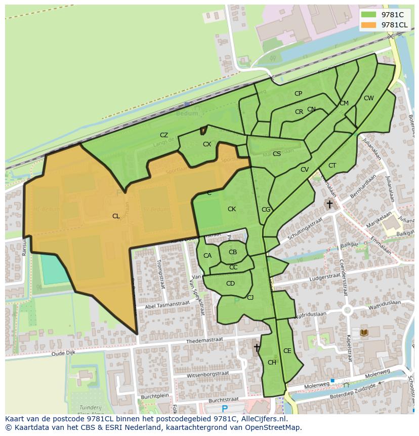 Afbeelding van het postcodegebied 9781 CL op de kaart.