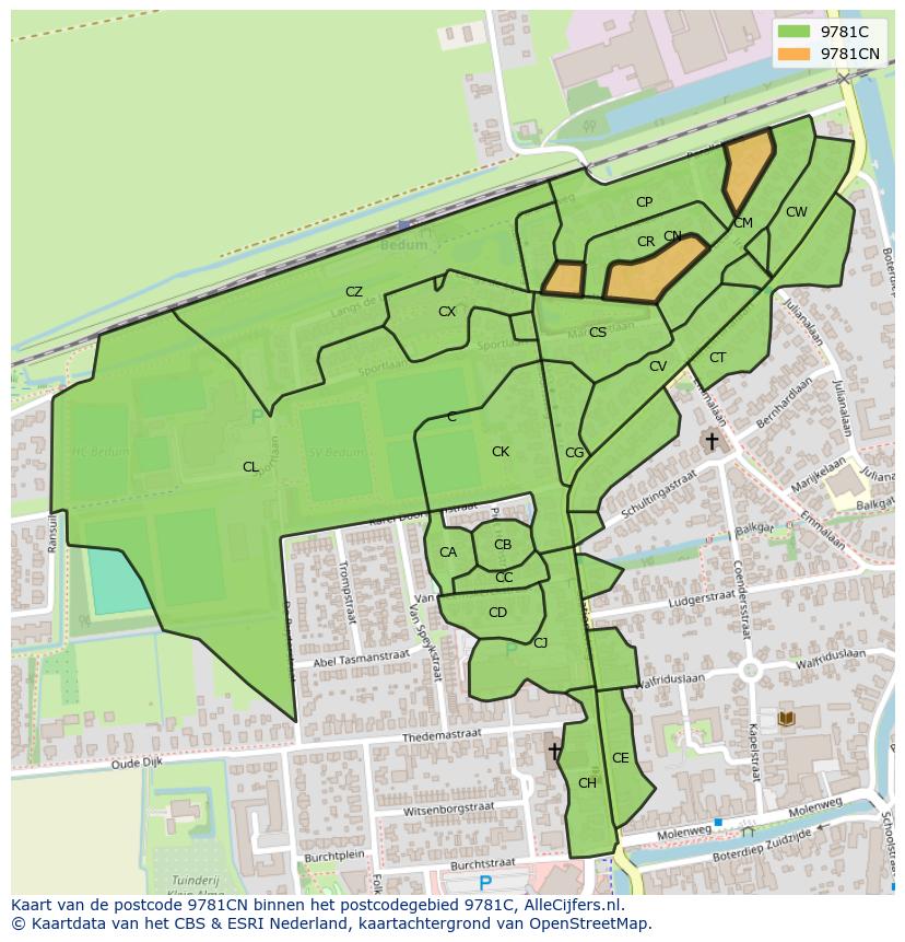 Afbeelding van het postcodegebied 9781 CN op de kaart.