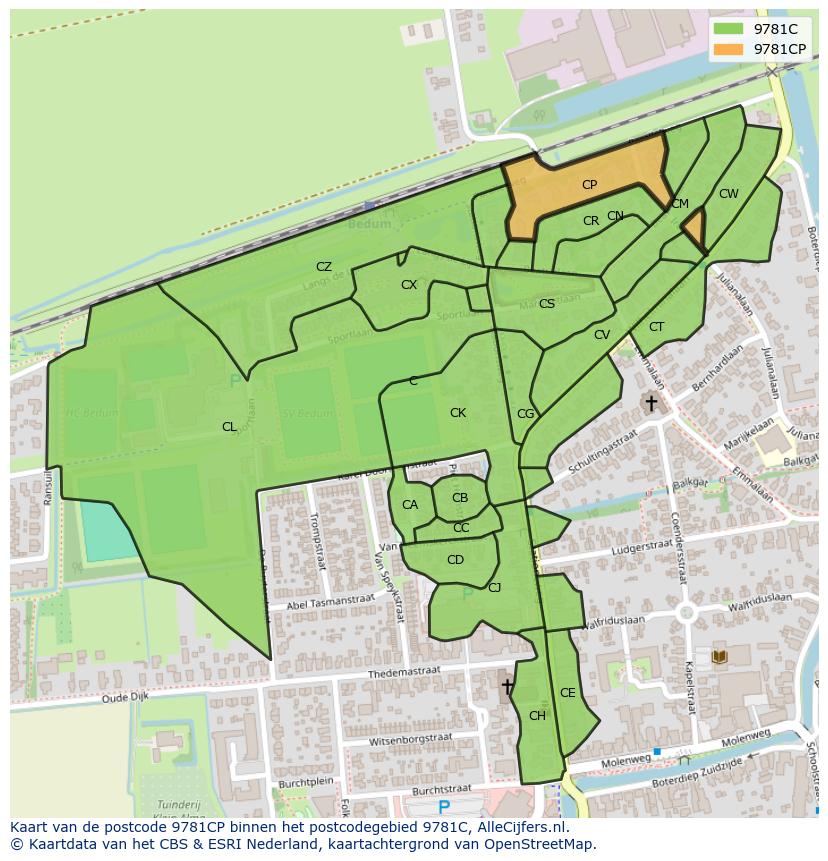 Afbeelding van het postcodegebied 9781 CP op de kaart.