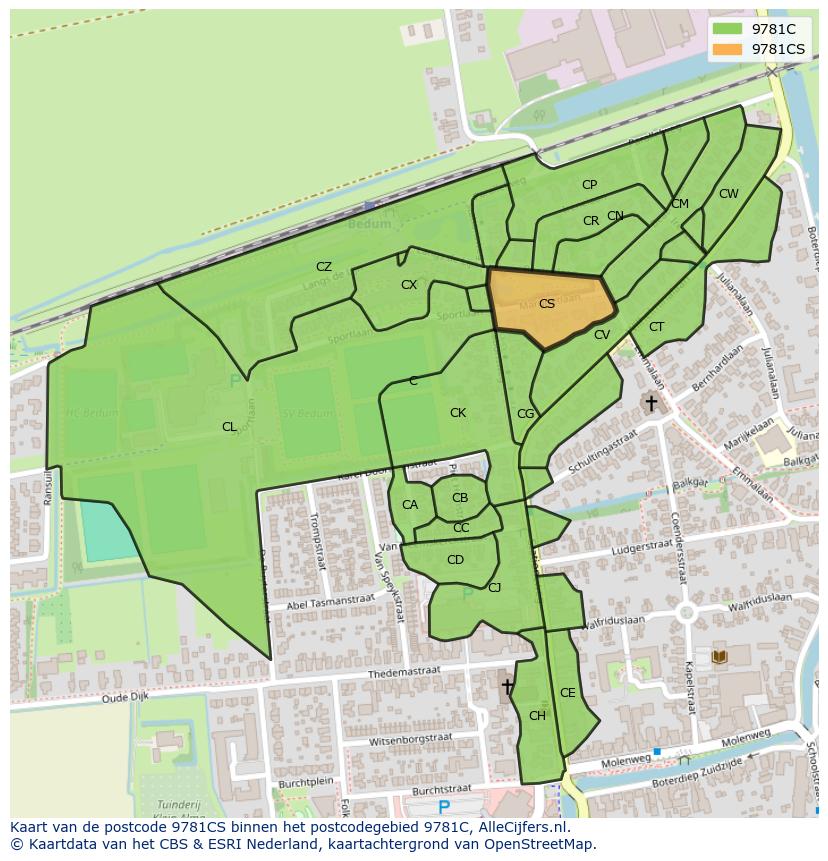 Afbeelding van het postcodegebied 9781 CS op de kaart.