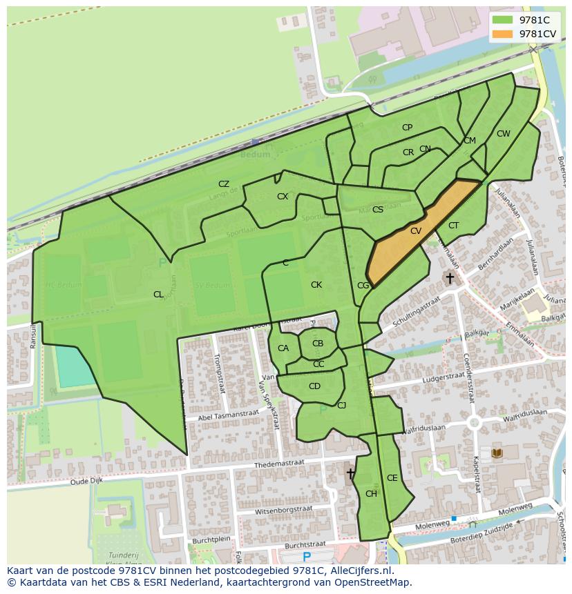 Afbeelding van het postcodegebied 9781 CV op de kaart.
