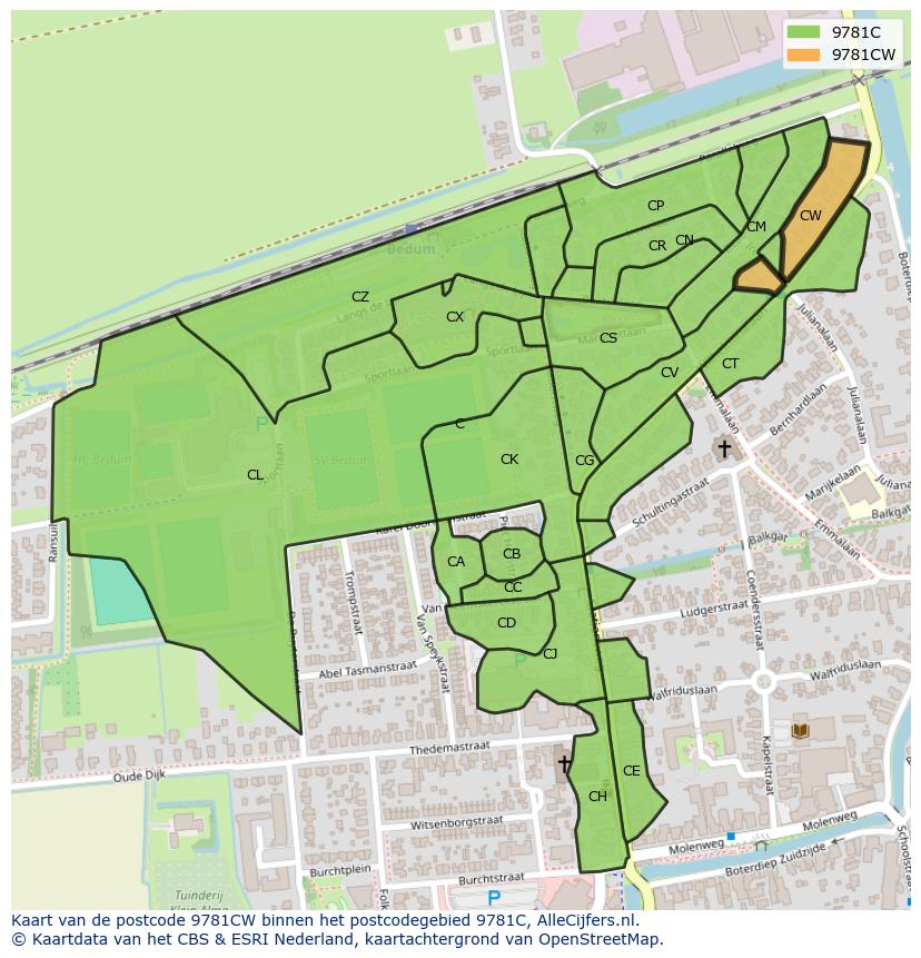 Afbeelding van het postcodegebied 9781 CW op de kaart.