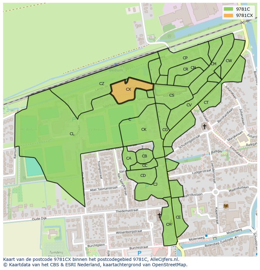Afbeelding van het postcodegebied 9781 CX op de kaart.
