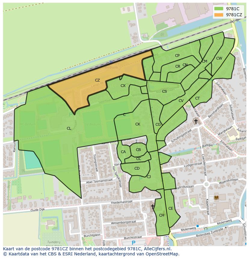 Afbeelding van het postcodegebied 9781 CZ op de kaart.