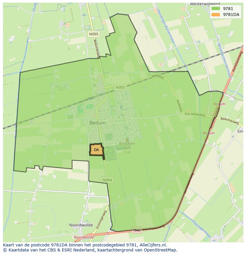 Afbeelding van het postcodegebied 9781 DA op de kaart.