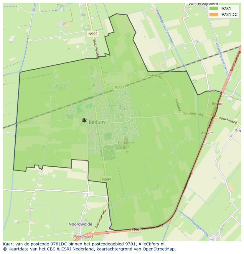 Afbeelding van het postcodegebied 9781 DC op de kaart.