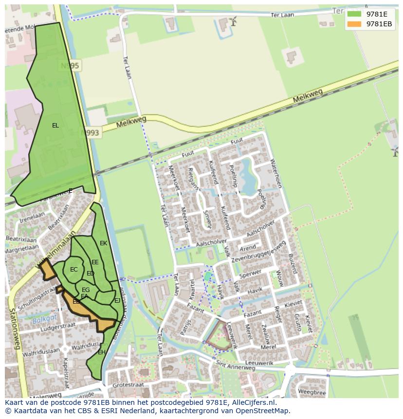 Afbeelding van het postcodegebied 9781 EB op de kaart.