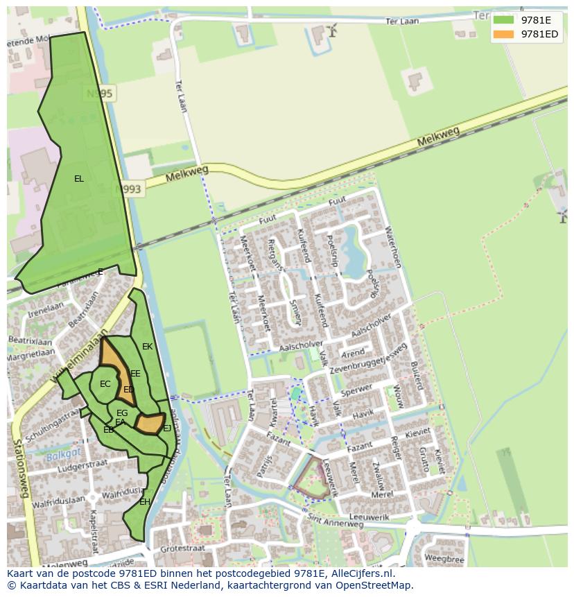 Afbeelding van het postcodegebied 9781 ED op de kaart.