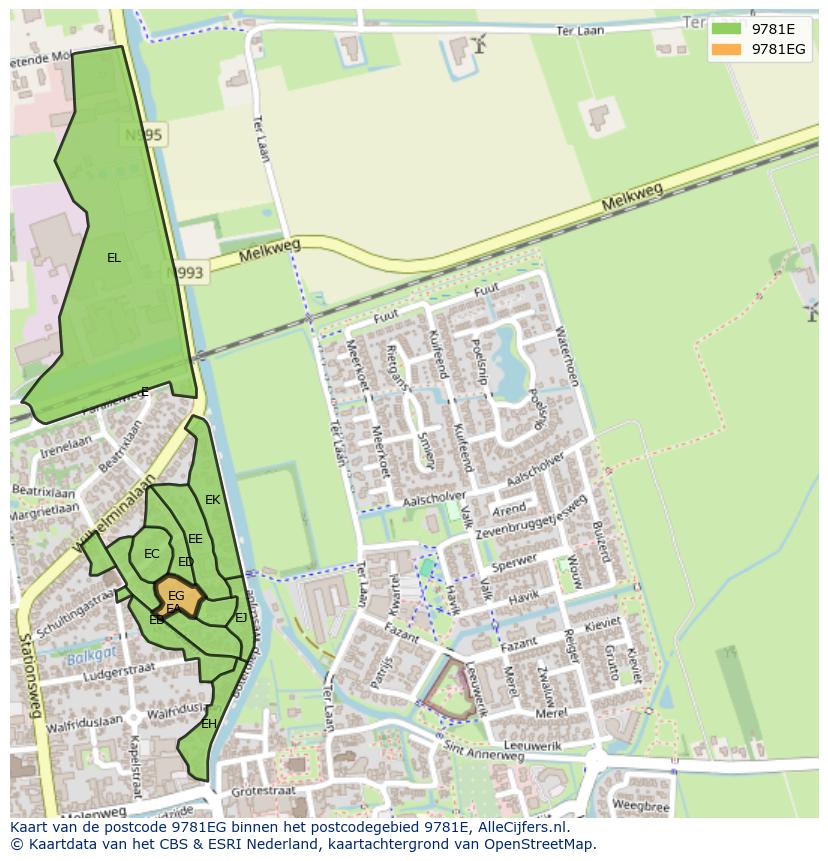 Afbeelding van het postcodegebied 9781 EG op de kaart.