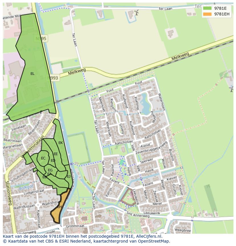 Afbeelding van het postcodegebied 9781 EH op de kaart.