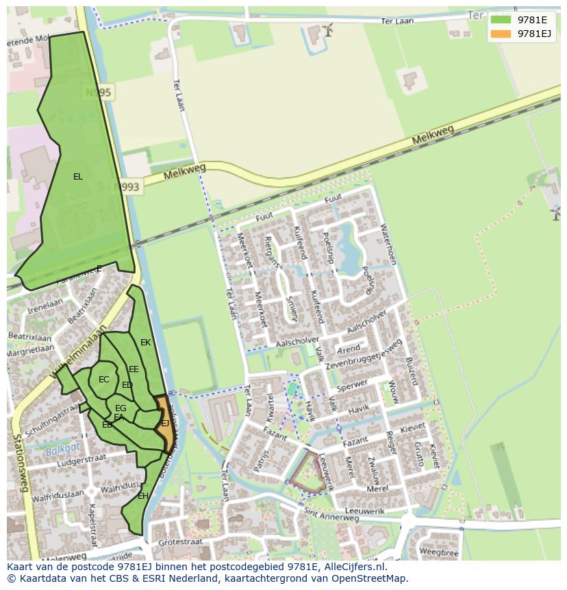 Afbeelding van het postcodegebied 9781 EJ op de kaart.