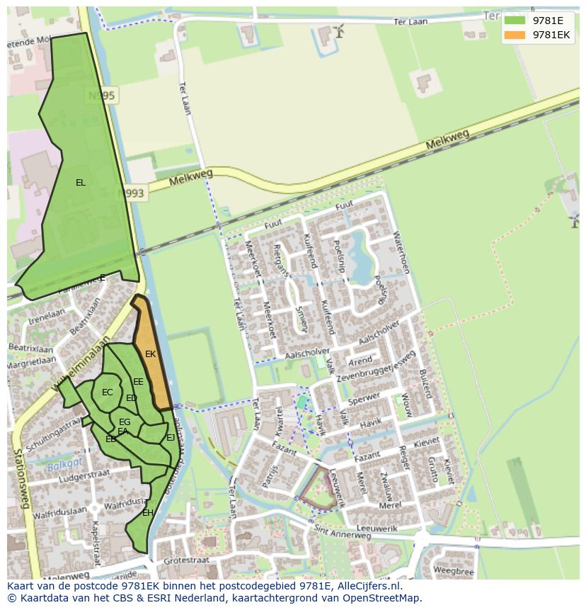 Afbeelding van het postcodegebied 9781 EK op de kaart.