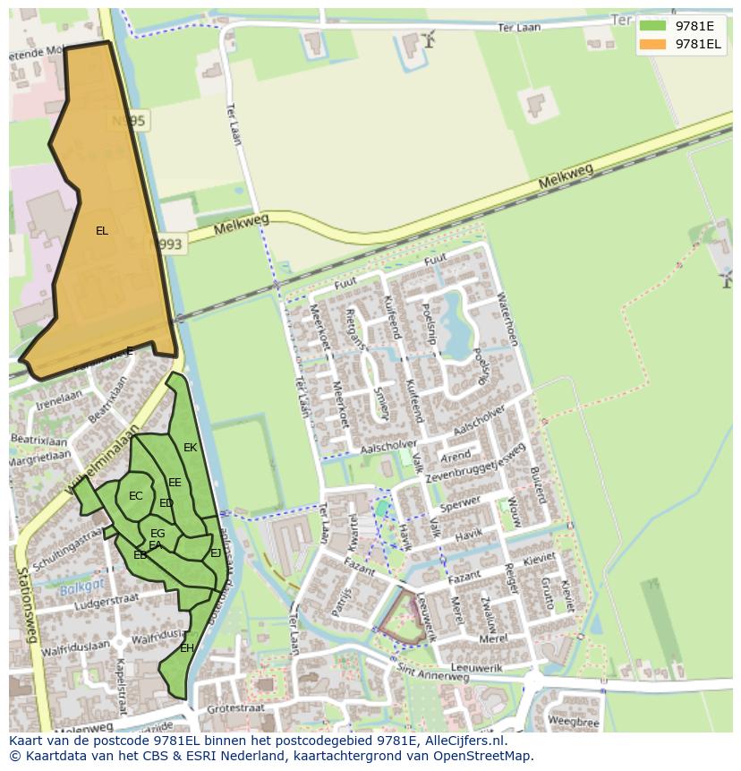 Afbeelding van het postcodegebied 9781 EL op de kaart.