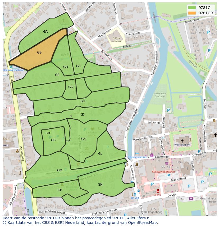 Afbeelding van het postcodegebied 9781 GB op de kaart.