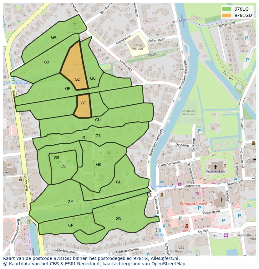 Afbeelding van het postcodegebied 9781 GD op de kaart.