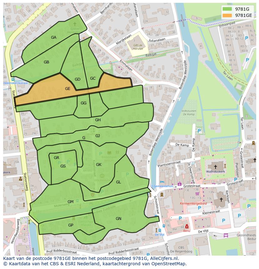Afbeelding van het postcodegebied 9781 GE op de kaart.