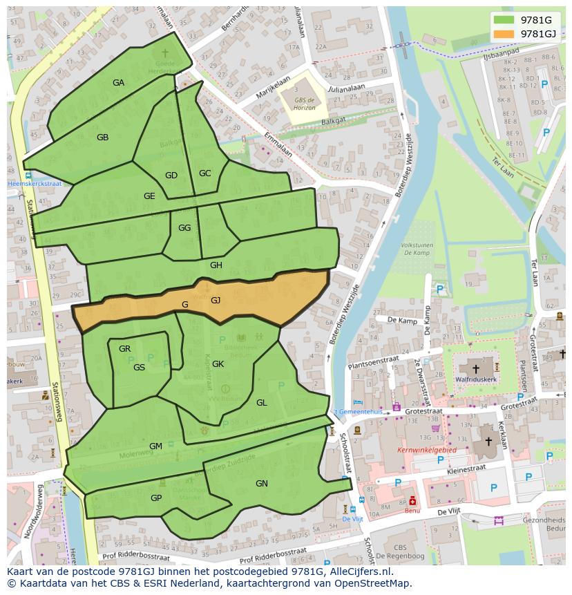 Afbeelding van het postcodegebied 9781 GJ op de kaart.