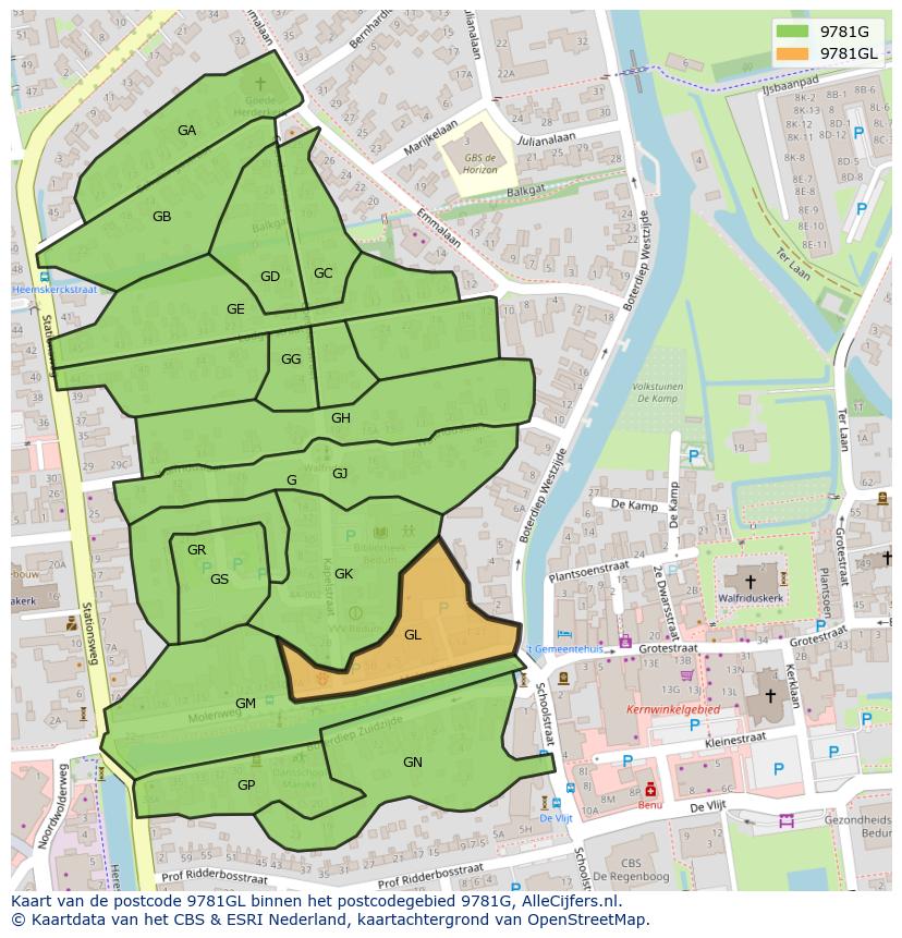Afbeelding van het postcodegebied 9781 GL op de kaart.