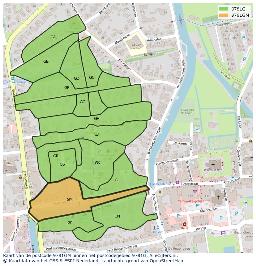 Afbeelding van het postcodegebied 9781 GM op de kaart.