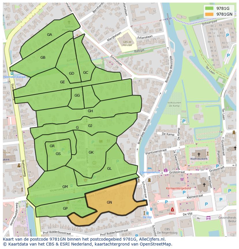Afbeelding van het postcodegebied 9781 GN op de kaart.