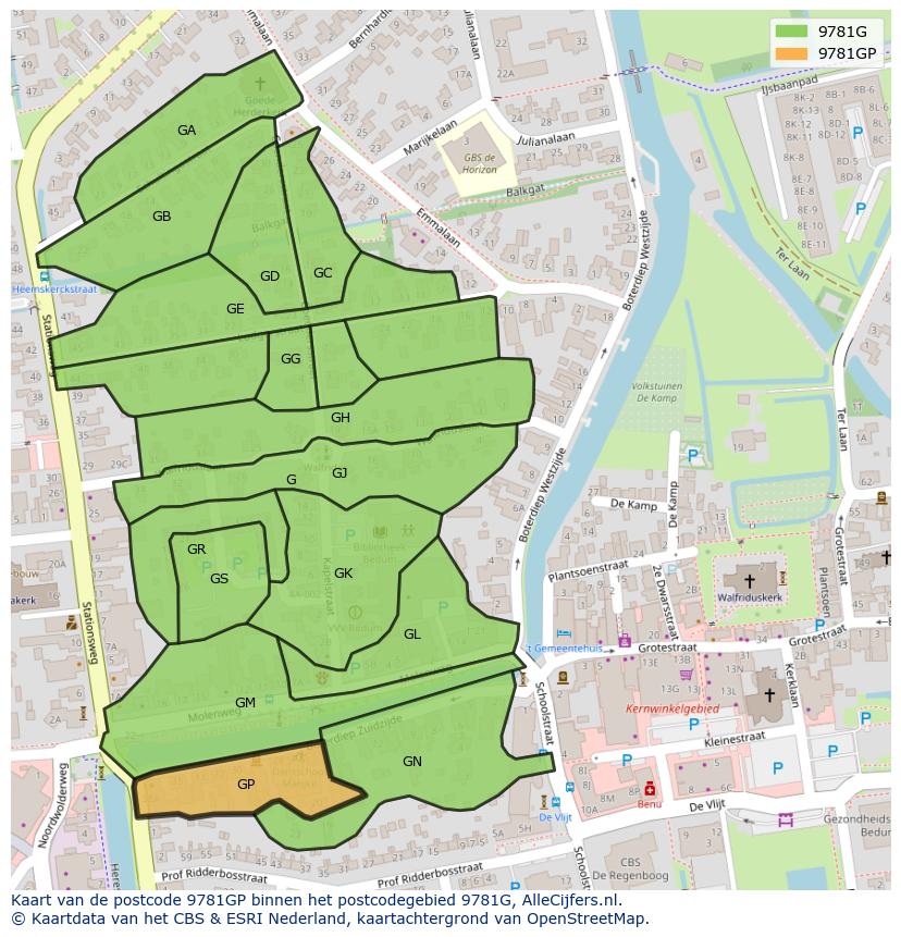 Afbeelding van het postcodegebied 9781 GP op de kaart.