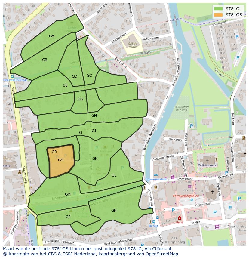 Afbeelding van het postcodegebied 9781 GS op de kaart.