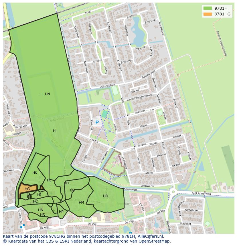 Afbeelding van het postcodegebied 9781 HG op de kaart.