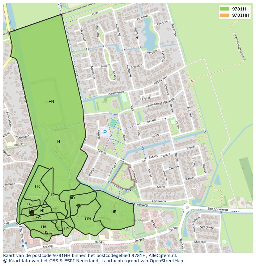 Afbeelding van het postcodegebied 9781 HH op de kaart.