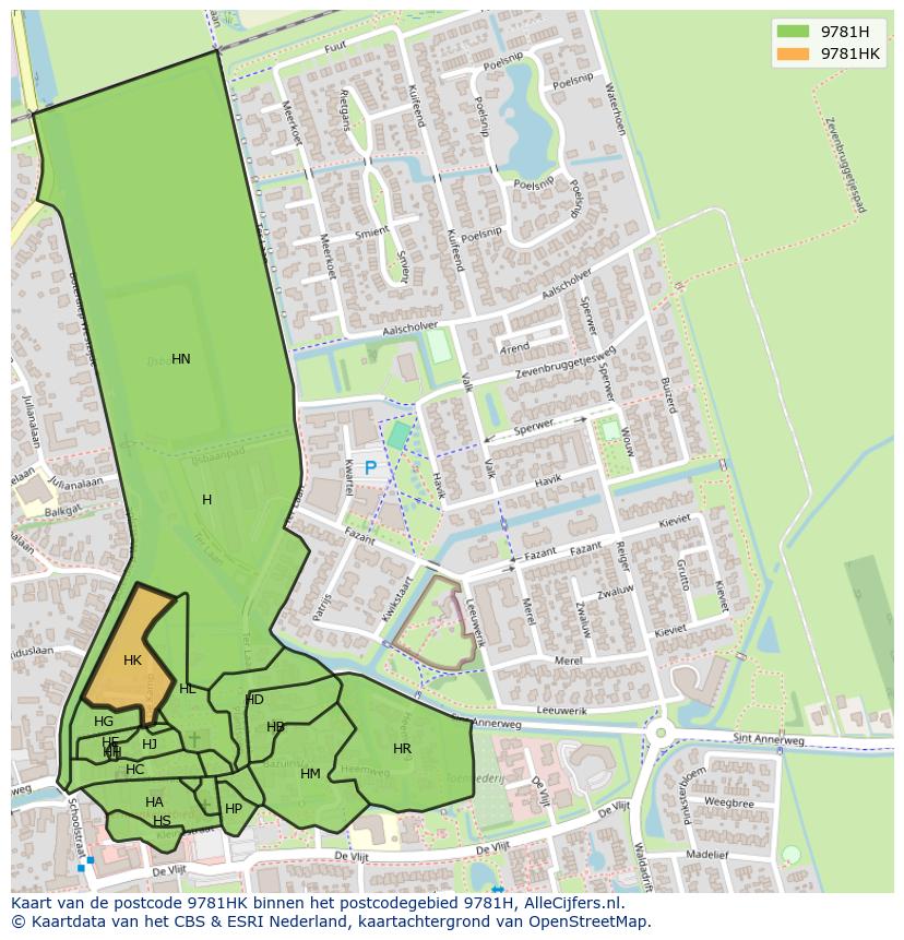 Afbeelding van het postcodegebied 9781 HK op de kaart.