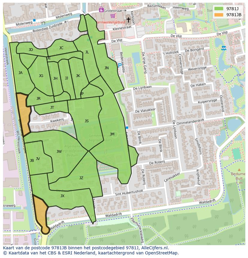 Afbeelding van het postcodegebied 9781 JB op de kaart.