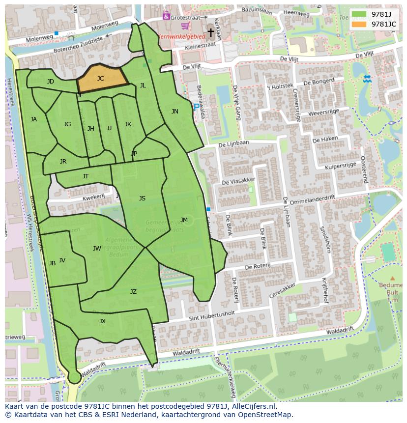 Afbeelding van het postcodegebied 9781 JC op de kaart.