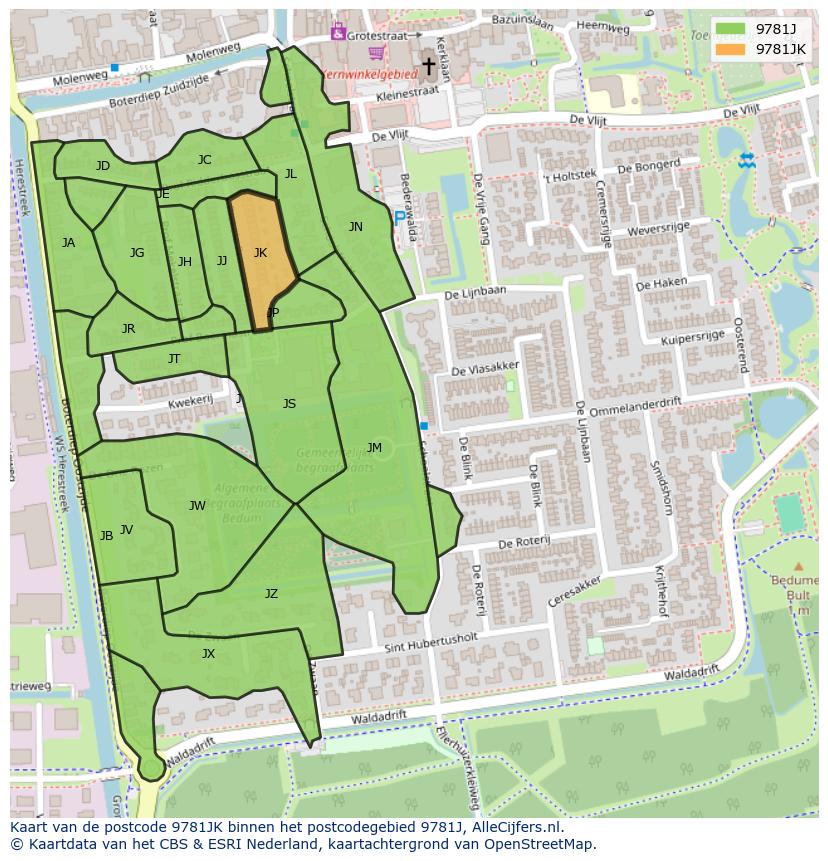 Afbeelding van het postcodegebied 9781 JK op de kaart.