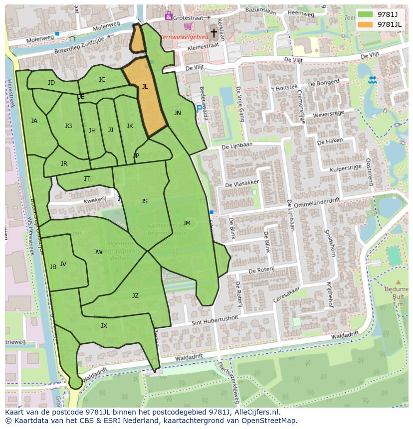 Afbeelding van het postcodegebied 9781 JL op de kaart.