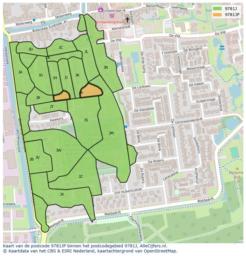 Afbeelding van het postcodegebied 9781 JP op de kaart.