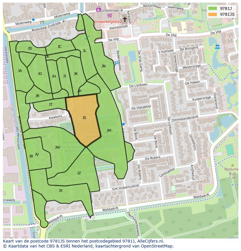 Afbeelding van het postcodegebied 9781 JS op de kaart.