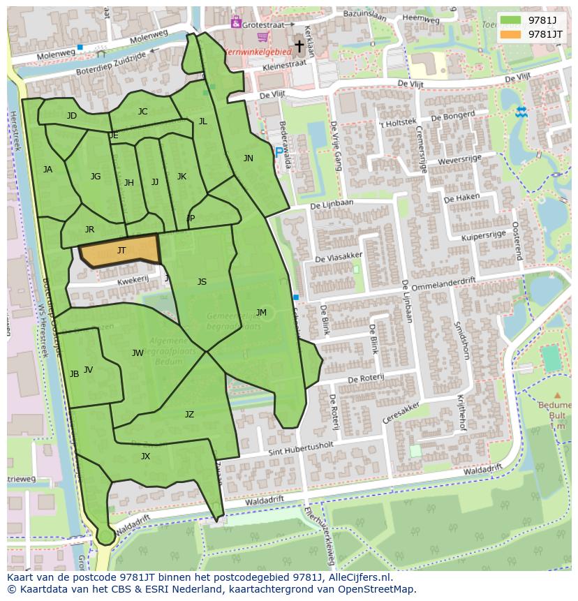 Afbeelding van het postcodegebied 9781 JT op de kaart.